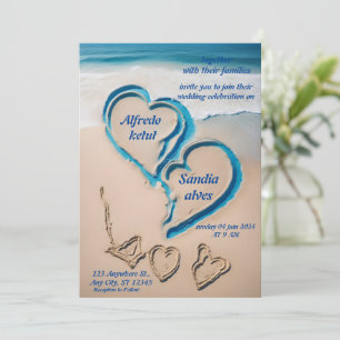 summer hearts beach ocean blue wedding  invitation
