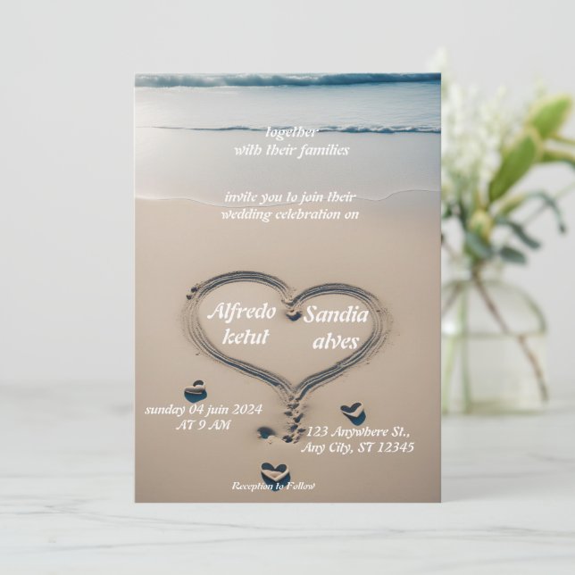 summer hearts beach ocean blue wedding  invitation (Standing Front)