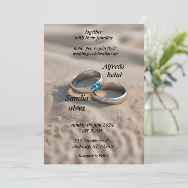 summer hearts beach ocean blue wedding  invitation (Standing Front)