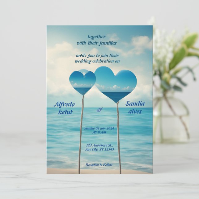 summer hearts beach ocean blue wedding  invitation (Standing Front)