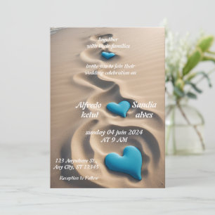 summer hearts beach ocean blue wedding  invitation