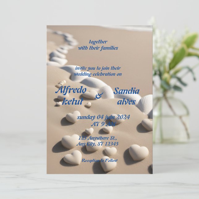 summer hearts beach ocean blue wedding  invitation (Standing Front)