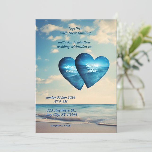 summer hearts beach ocean blue wedding  invitation (Standing Front)