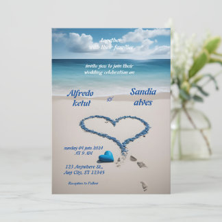 summer hearts beach ocean blue wedding invitation