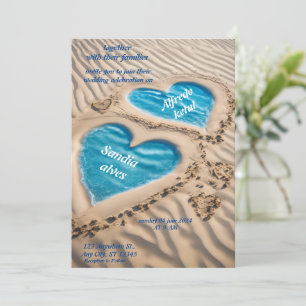 summer hearts beach ocean blue wedding  invitation
