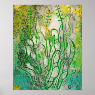 Summer herbs, wild flowers floral art green yellow poster