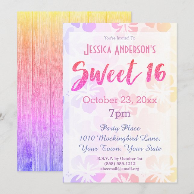 Summer Hibiscus Floral Tropical Sweet 16 Birthday Invitation (Front/Back)