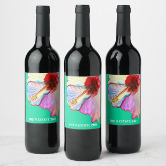 Summer hibiscus watercolor art wine label