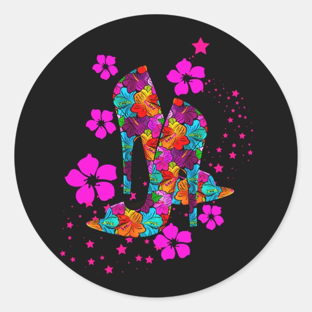 Summer High Heel Shoes Hot Pink Flowers Classic Round Sticker (Front)