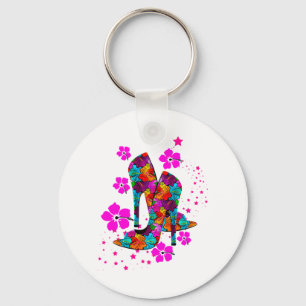 Summer High Heel Shoes Hot Pink Flowers Key Ring