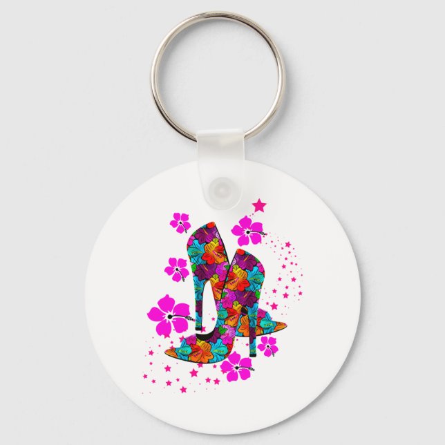 Summer High Heel Shoes Hot Pink Flowers Key Ring (Front)