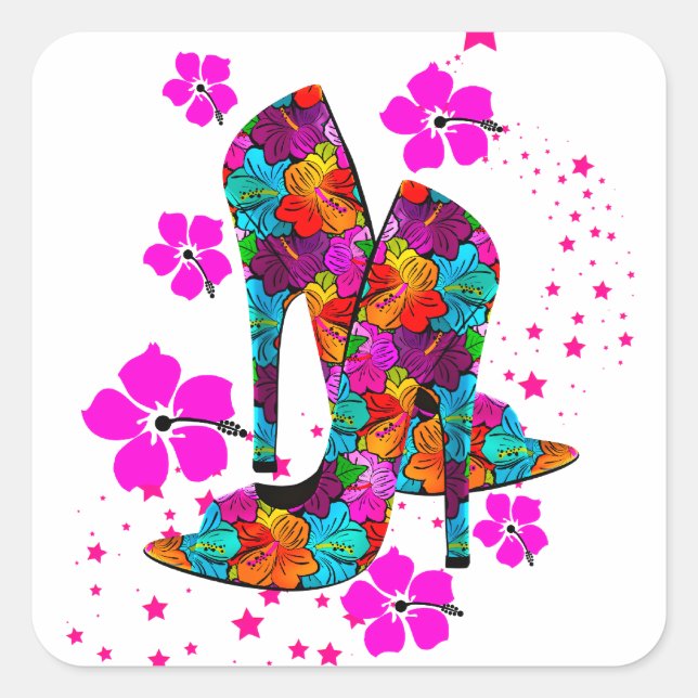 Summer High Heel Shoes Hot Pink Flowers Square Sticker (Front)