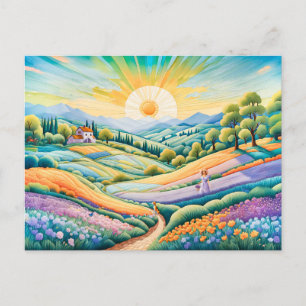 Summer Hillside with Lavender and Flower Fields Postcard