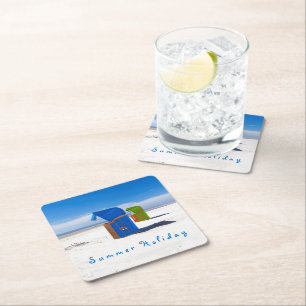 Summer holiday blue Beach chair photo with text Square Paper Coaster