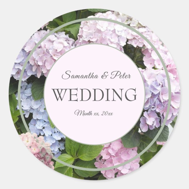 Summer Hydrangea Blossoms, Pink, Green, Wedding Classic Round Sticker (Front)