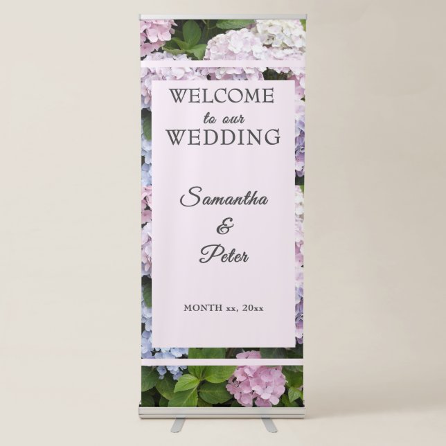 Summer Hydrangea Blossoms, Pink, Green, Wedding Retractable Banner (Front)