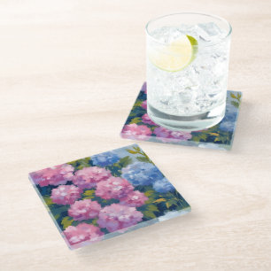 Summer Hydrangeas   Pink & Blue Coastal Flowers Glass Coaster