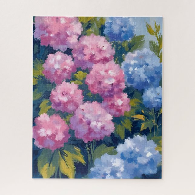 Summer Hydrangeas | Pink & Blue Coastal Flowers Jigsaw Puzzle (Vertical)