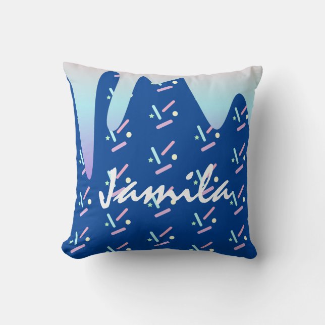 Summer Ice Cream Dripping Ombre Blue Name Cushion (Front)