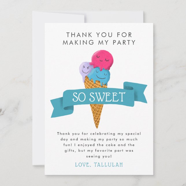Summer Ice Cream Kids Birthday Party Thank You Card (Front)