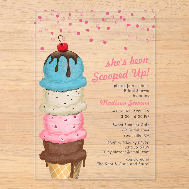 Summer Ice Cream Modern Watercolor Bridal Shower Acrylic Invitations (Front)