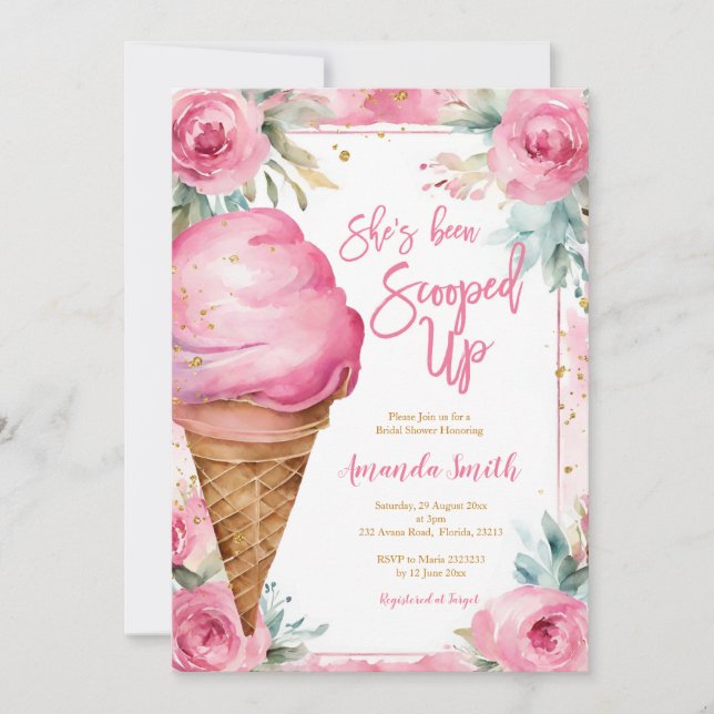 Summer Ice Cream Pink Flowers Bridal Shower Invitation (Front)