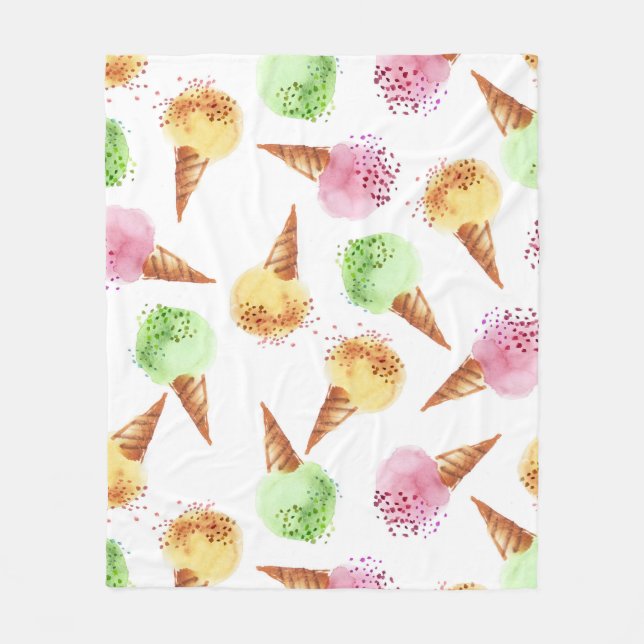 Summer Ice Cream Watercolor Pattern. Fleece Blanket (Front)