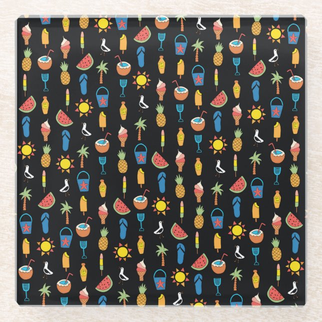 Summer Icons Black Seamless Background Glass Coaster (Front)