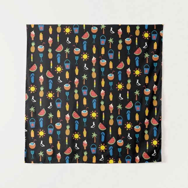 Summer icons seamless vintage pattern black. Repea Tapestry (Front)