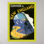 Summer In New England (border) Poster<br><div class="desc">Vintage travel poster promoting summer in New England,  showing a surrealist art deco illustration of a steam train and seaside resort.</div>