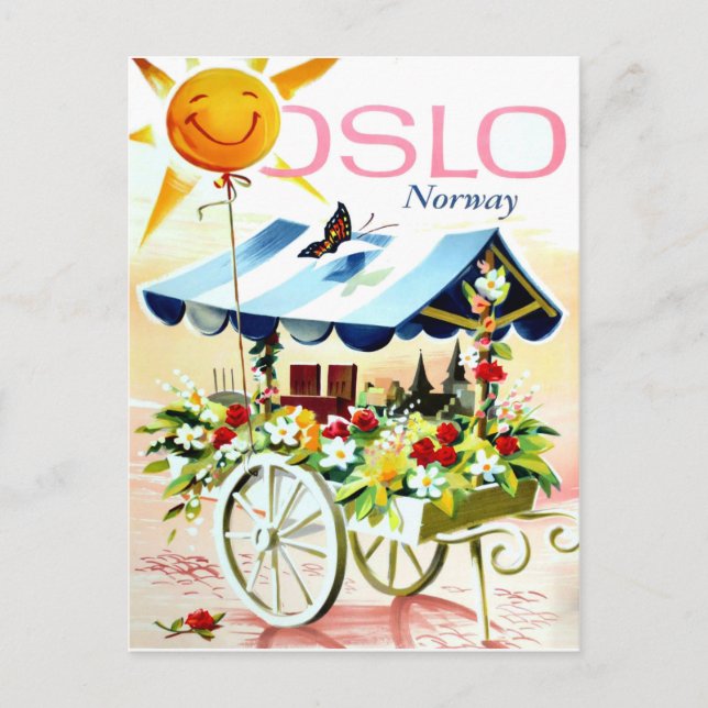 Summer in Oslo, Norway. Flower cart and happy sun Postcard (Front)
