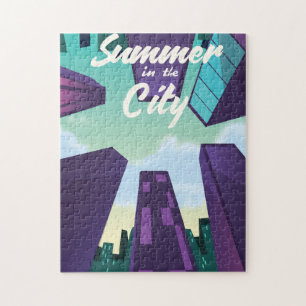 Summer in the City cityscape poster cartoon. Jigsaw Puzzle