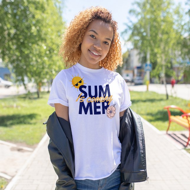 Summer is coming navy blue yellow font pink flower T-Shirt (Creator Uploaded)