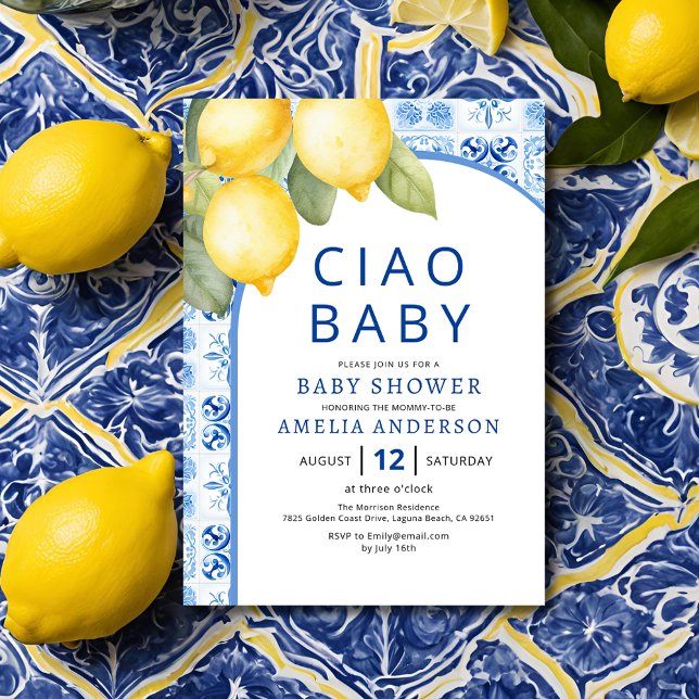 Summer Italian Blue Tiles Lemon Baby Shower Invitation (Creator Uploaded)