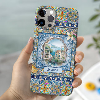 summer italian floral blue tiles citrus monogram iPhone 15 case