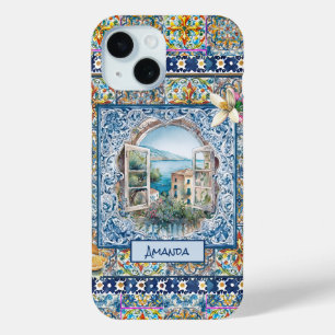 summer italian floral blue tiles citrus monogram iPhone 15 case