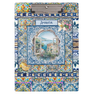 summer italian floral blue tiles citrus monogram clipboard