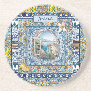 summer italian floral blue tiles citrus monogram coaster