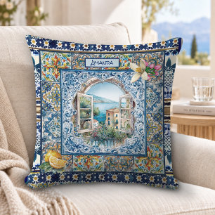 summer italian floral blue tiles citrus monogram cushion