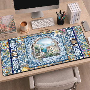 summer italian floral blue tiles citrus monogram desk mat
