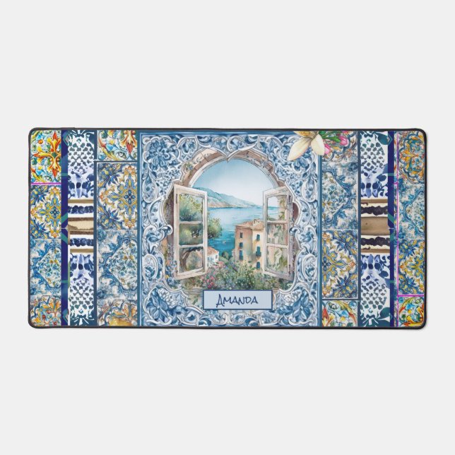summer italian floral blue tiles citrus monogram desk mat (Front)