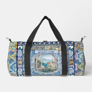 summer italian floral blue tiles citrus monogram duffle bag