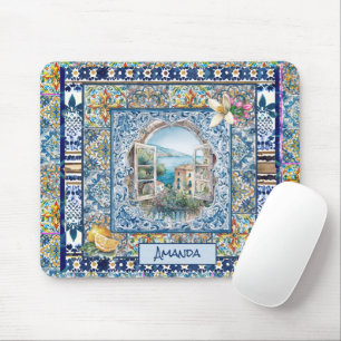 summer italian floral blue tiles citrus monogram mouse mat