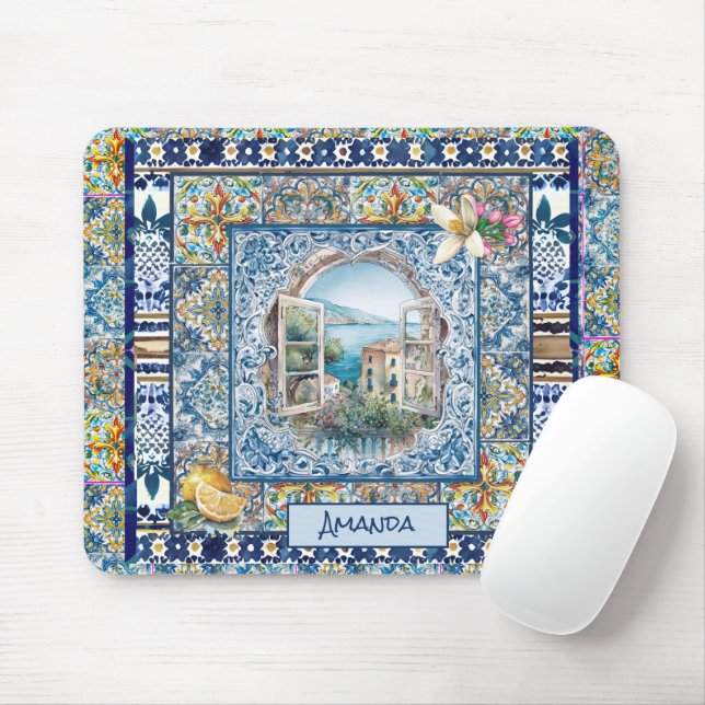 summer italian floral blue tiles citrus monogram mouse mat (With Mouse)