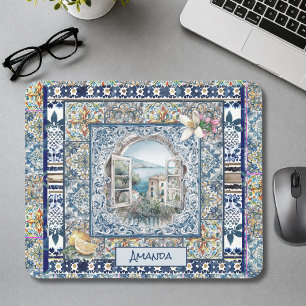 summer italian floral blue tiles citrus monogram mouse mat