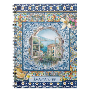 summer italian floral blue tiles citrus monogram notebook