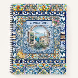 summer italian floral blue tiles citrus monogram notebook