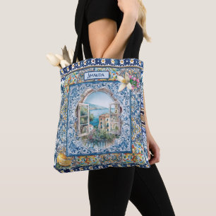 summer italian floral blue tiles citrus monogram tote bag