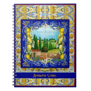 summer italian Majolica blue tiles citrus monogram Notebook