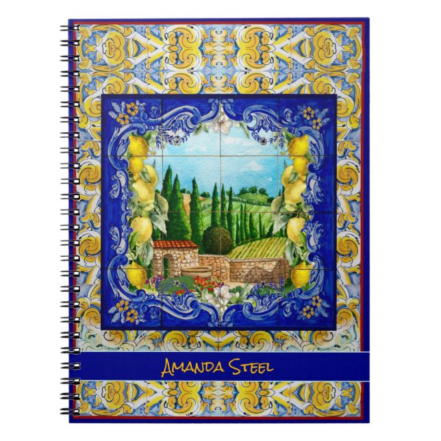 summer italian Majolica blue tiles citrus monogram Notebook (Front)